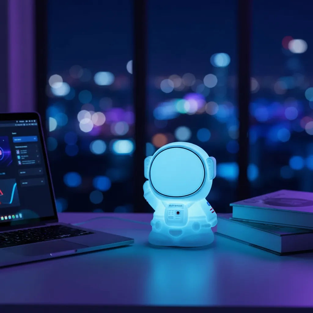 Luminária de mesa astronauta com luz RGB azul decorando mesa de escritório moderna.