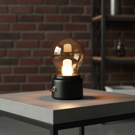 Abajur estilo industrial lâmpada de Thomas Edison com base preta em ambiente moderno loft