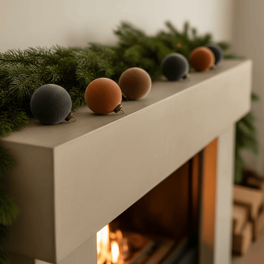 bola de natal velvet decorativas alinhadas na lareira