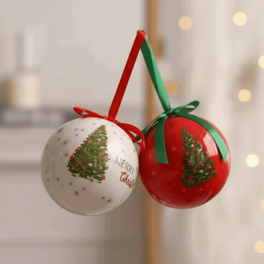 bolas de Natal tema árvore 8 cm com laço verde e vermelho