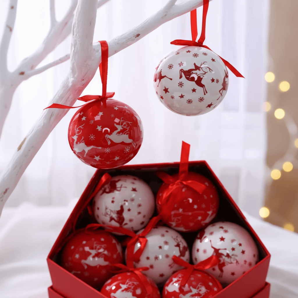 Bolas de Natal tema renas com caixa presente vermelha, conjunto 14 peças