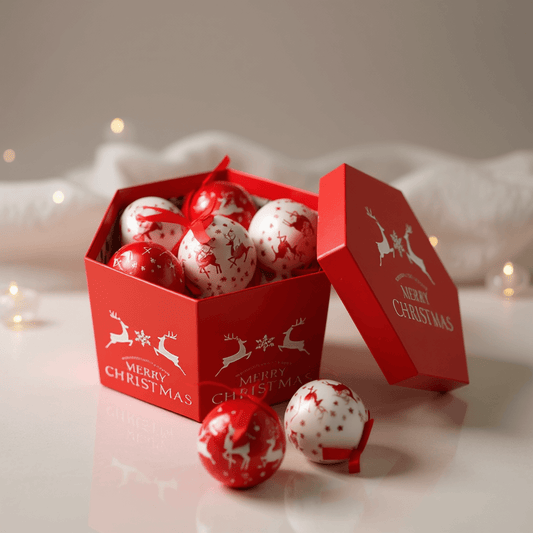 Caixa ‘Merry Christmas’ com 14 bolas de Natal vermelho e branco tema renas