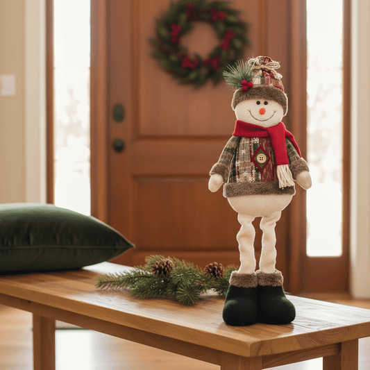 boneco de neve decorativo em pé no hall com guirlanda ao fundo