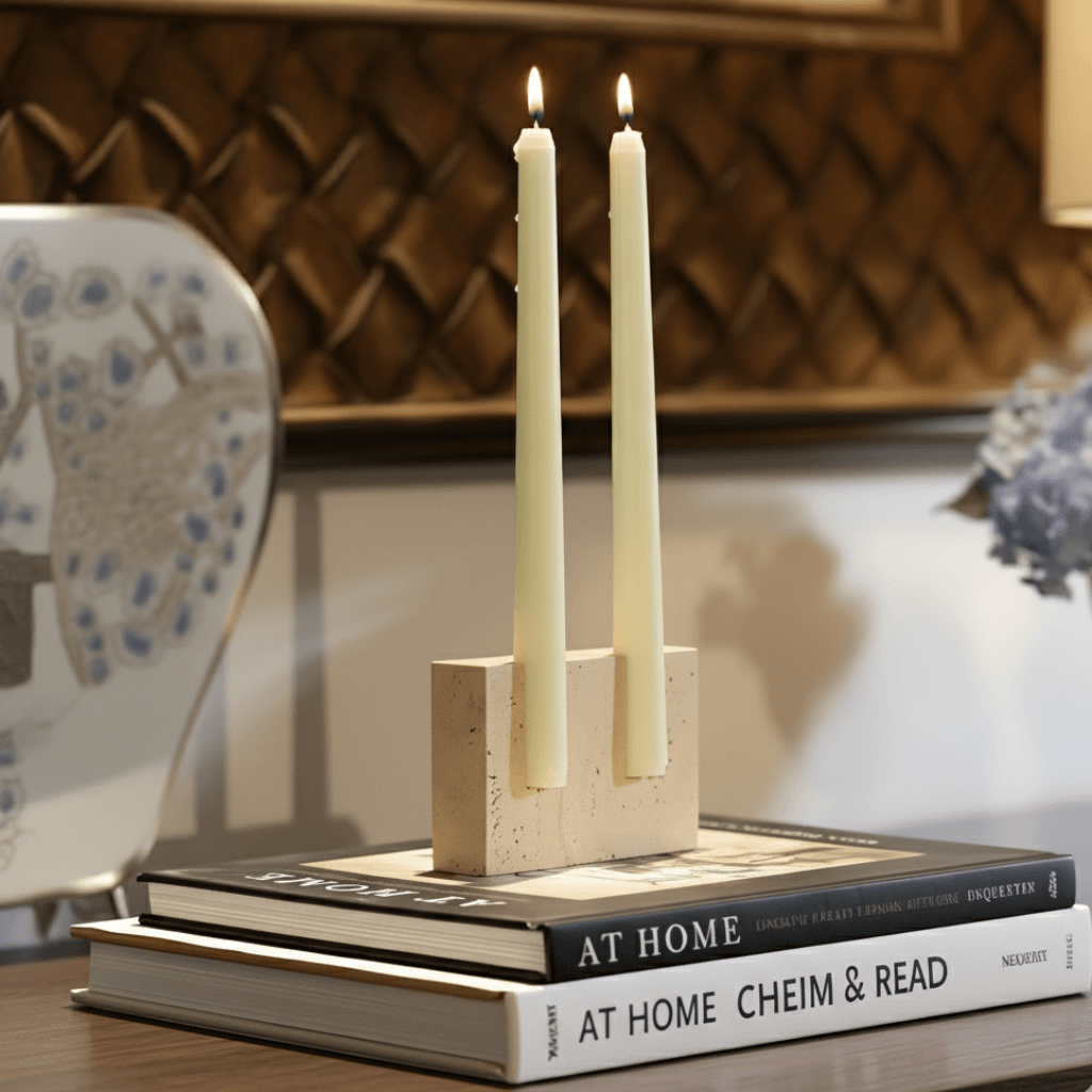 Castiçal de pedra travertino 12 × 3 × 8 cm com veios orgânicos, styling com livros e flores.