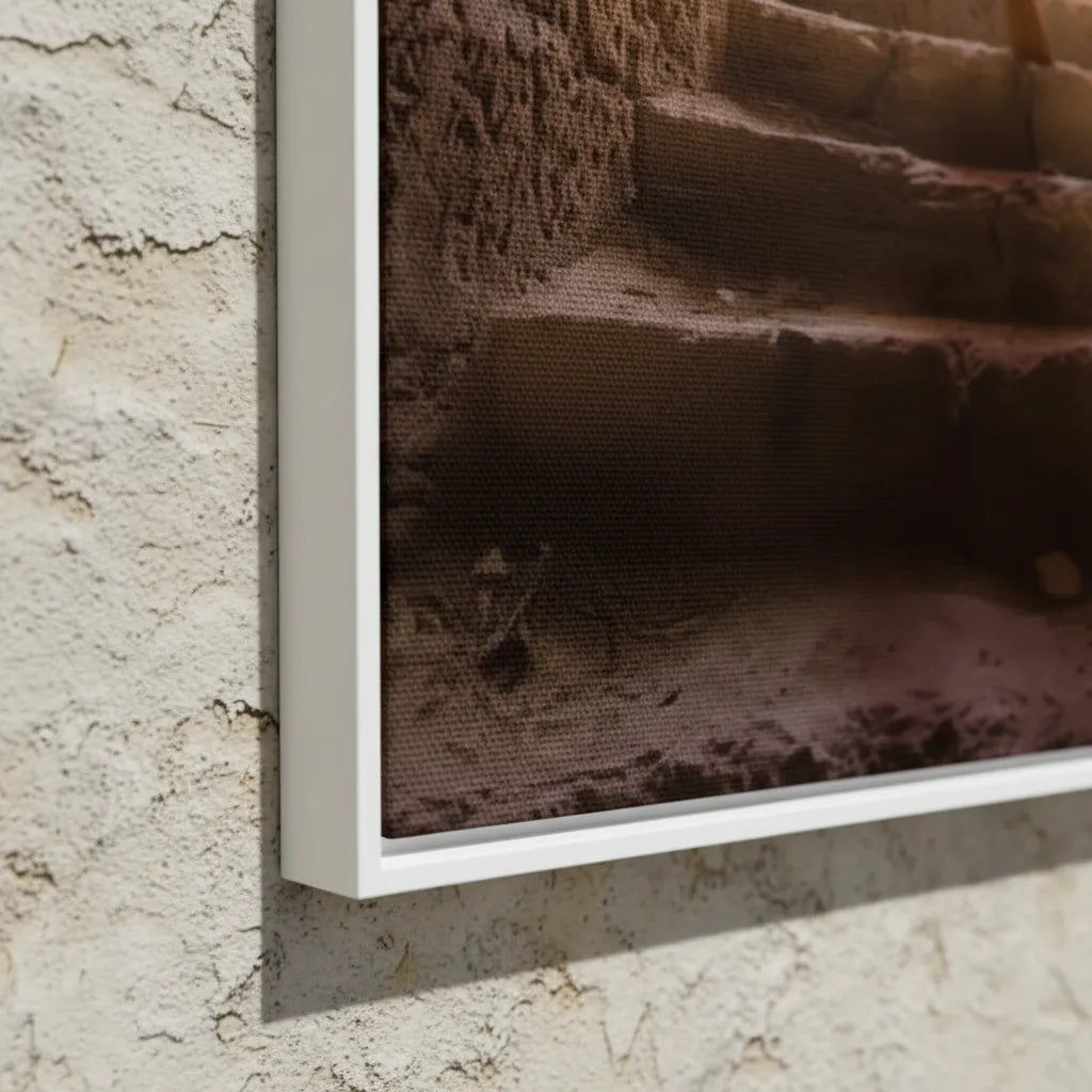 Close-up da borda filete em tela de canvas 100% algodão, mostrando a textura e continuidade da imagem