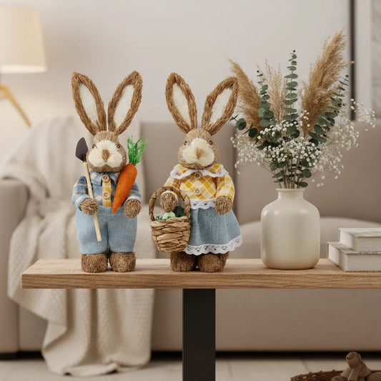 Enfeite de Páscoa coelho handcrafted em palha estilo farmhouse na decoração de sala.