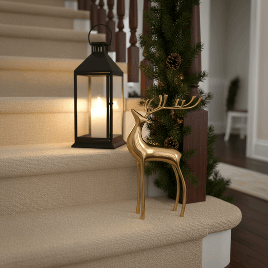 escultura cervo dourado em escada com lanterna e guirlanda
