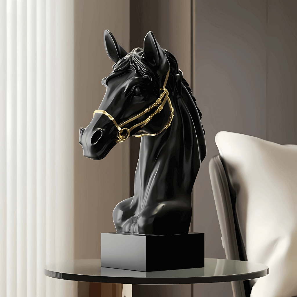 Estatueta busto cabeça de cavalo preta resina decoração moderna Casa Vértice
