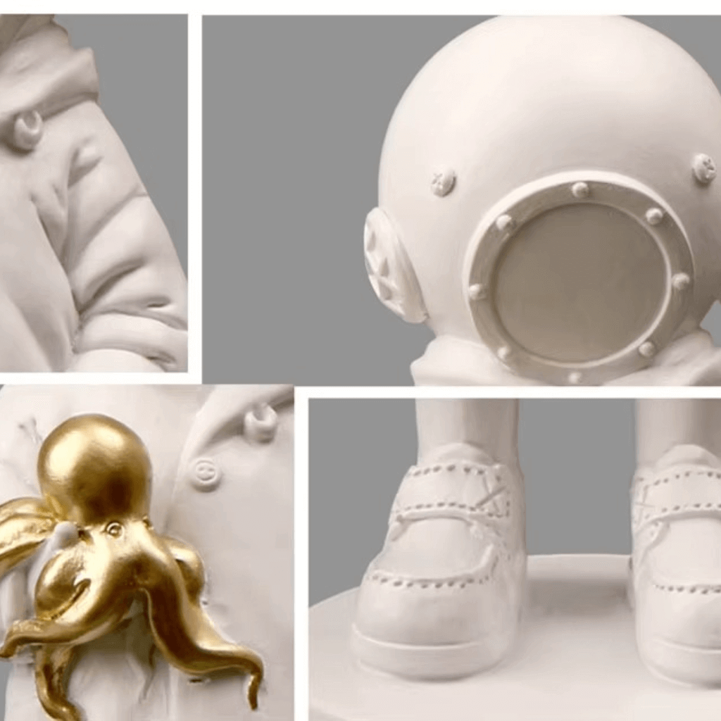 Estatueta astronauta detalhes capacete visor polvo dourado resina premium Casa Vértice
