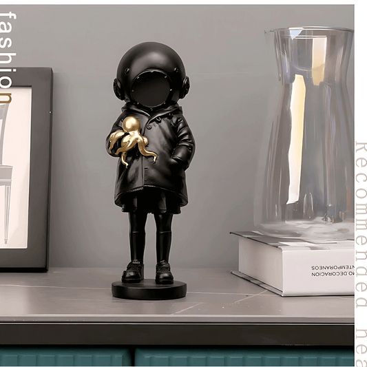 Estatueta decorativa astronauta polvo resina preta arte conceitual Casa Vértice