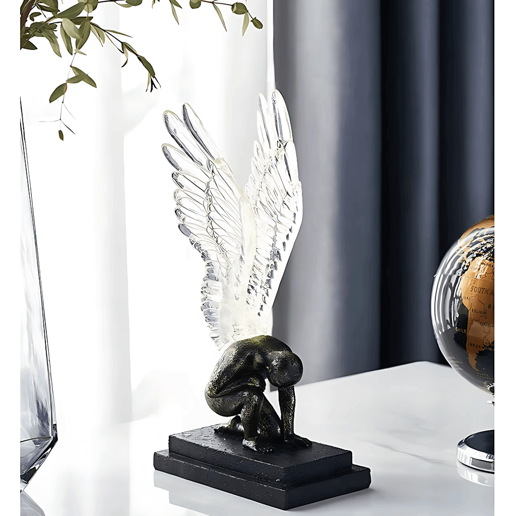 Escultura anjo resina asas transparentes luz proteção coleção decorativa Casa Vértice