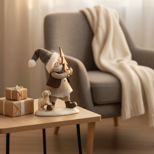 estatueta papai noel caminhando com árvore em resina multicolor na sala