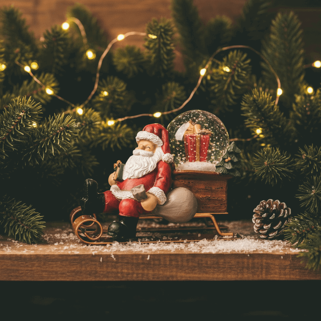 close da estatueta Papai Noel no trenó em resina com globo de neve