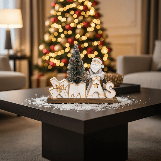 enfeite XMAS com Papai Noel e pinheiro sobre mesa de centro na sala