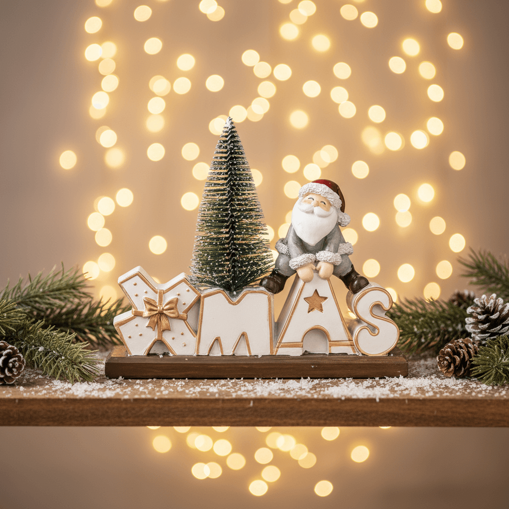 estatueta XMAS com pinheiro e Papai Noel em resina para decoração de Natal