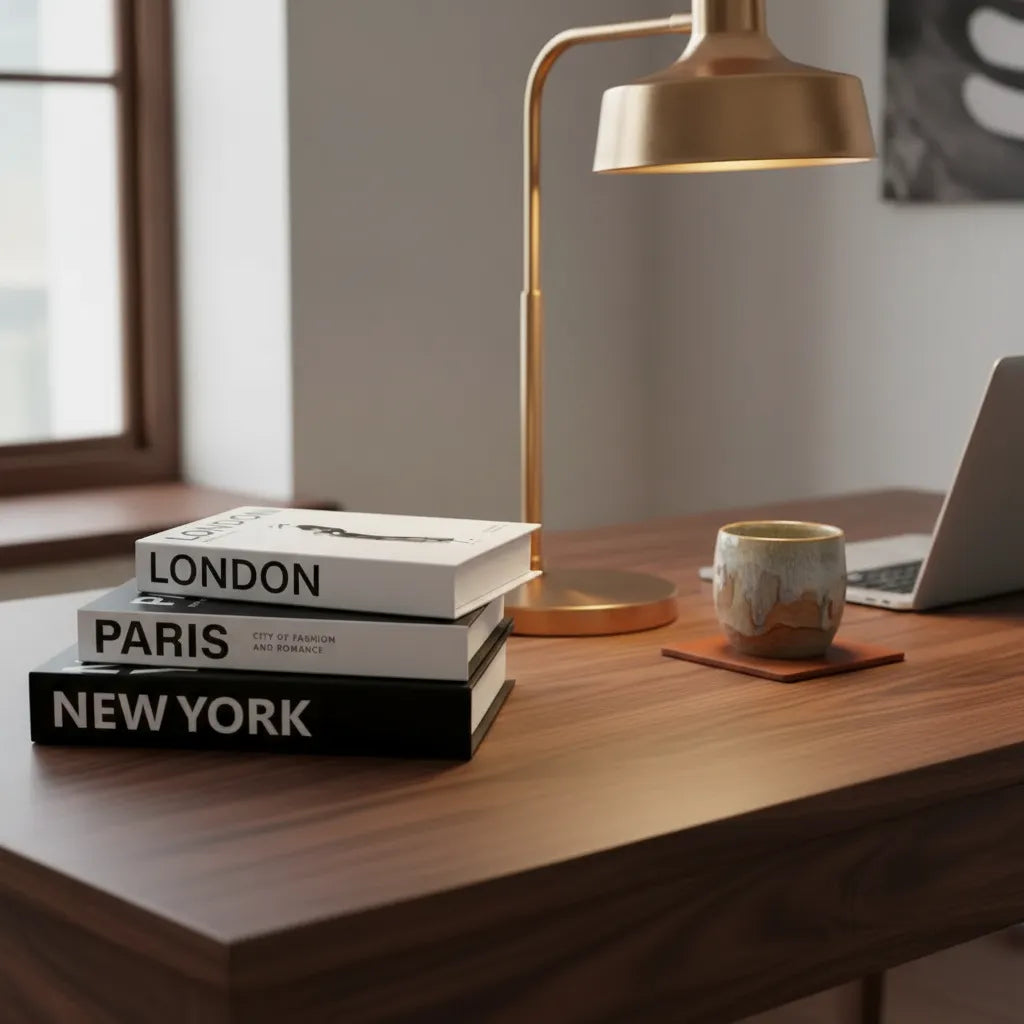 Livros decorativos organizadores para mesa de escritório e home office, composição sobre mesa de madeira nogueira com luminária de design.