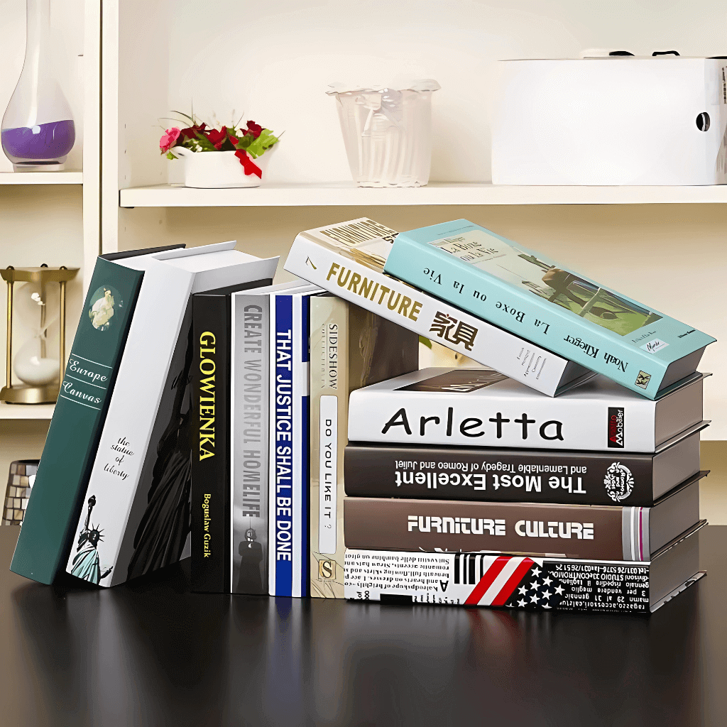 Livros decorativos tamanho L com impressão nítida e acabamento premium, composição minimalista