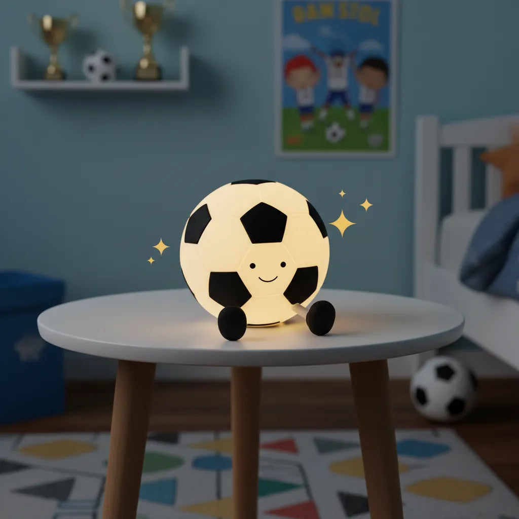 Luminária infantil formato bola de futebol com perninhas decorando quarto de menino.