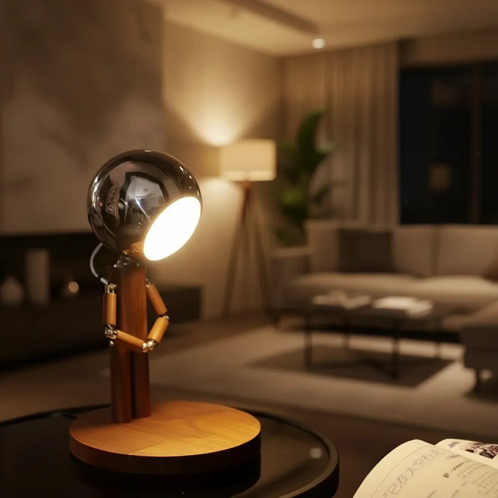 Luminária de mesa articulada corpo de madeira Mr. Wood sentada em mesa de centro moderna.