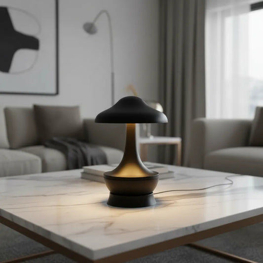 Luminária de mesa preta Mushroom Balance com design moderno em mesa de mármore.