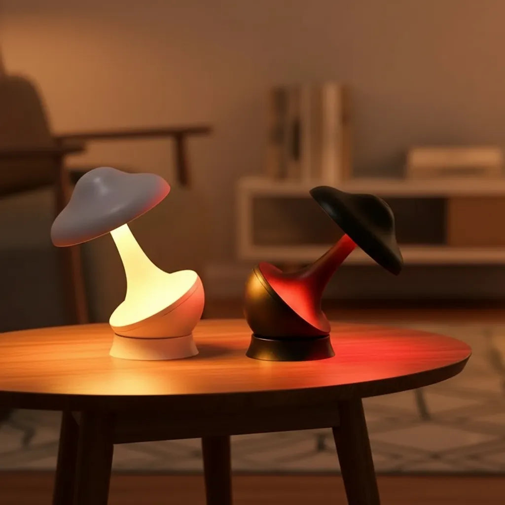 Par de luminárias Mushroom Balance mostrando inclinação (joão-bobo) e luz colorida.