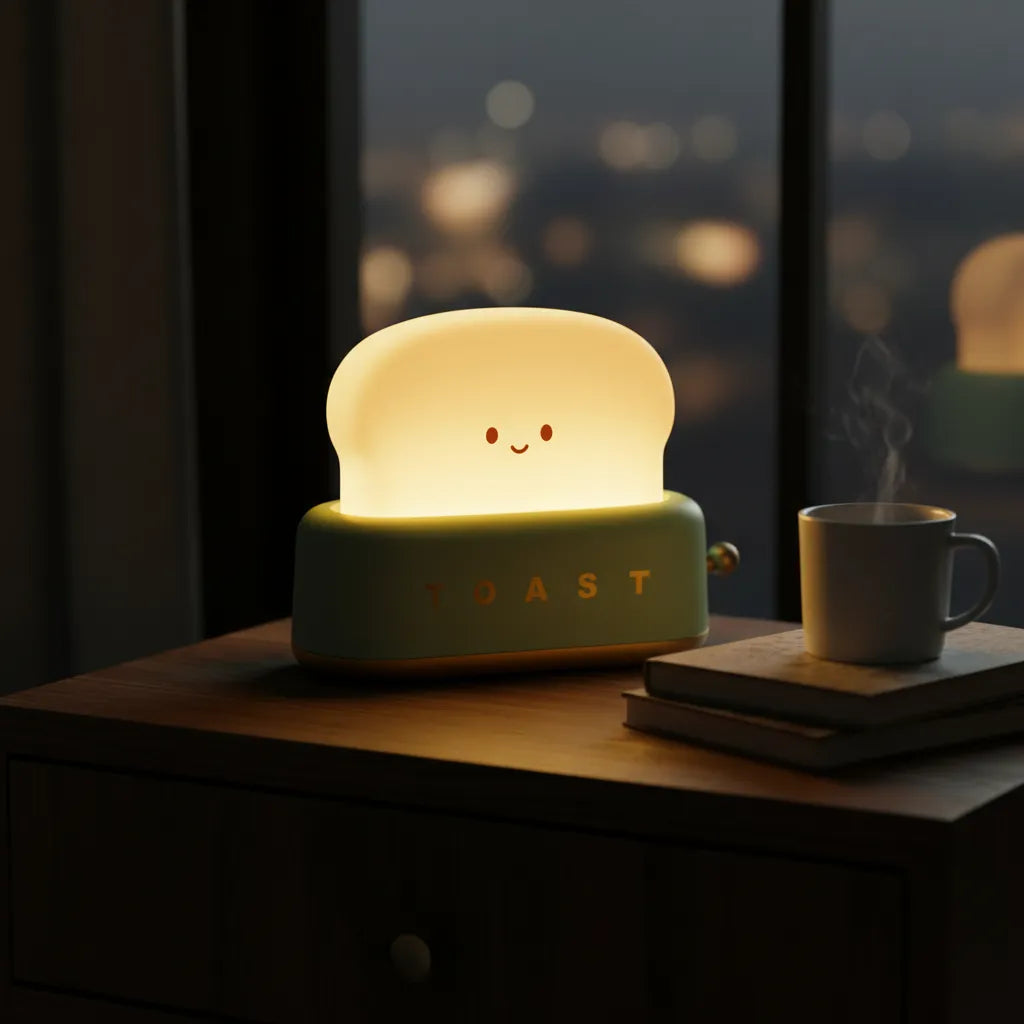 Luminária de mesa formato torradeira retrô cor creme em ambiente minimalista clean.