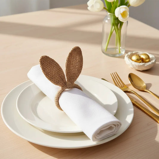 Mesa posta sofisticada com anel de coelho de juta em guardanapo branco e talheres dourados.