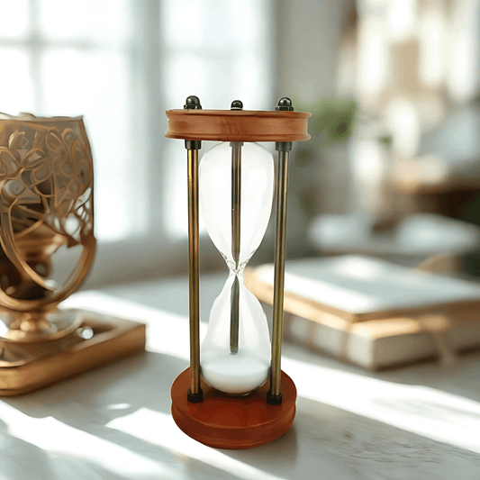 Ampulheta decorativa madeira areia branca ambiente clássico Casa Vértice