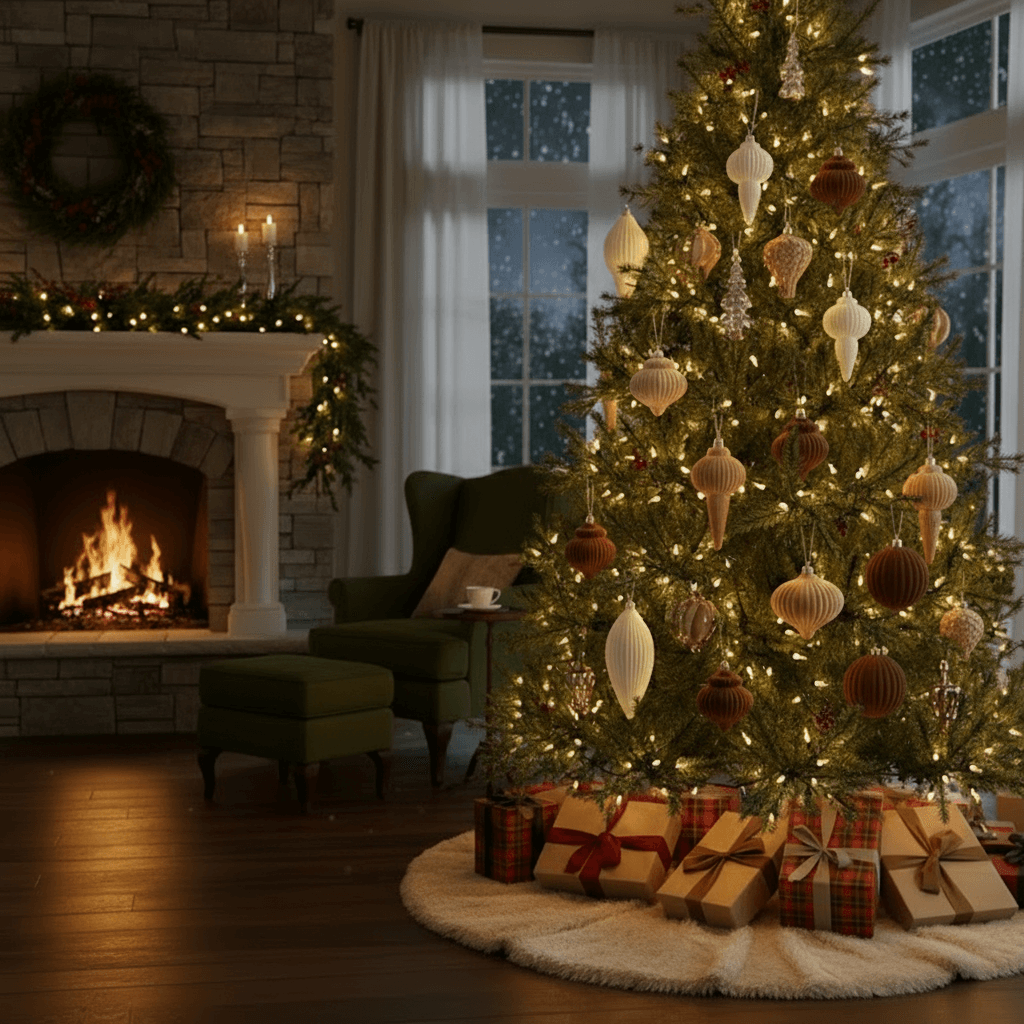 enfeites de Natal velvet bege pendurados na árvore com luzes