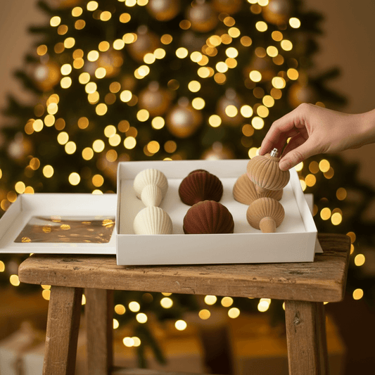 ornamentos velvet bege em caixa diante da árvore iluminada