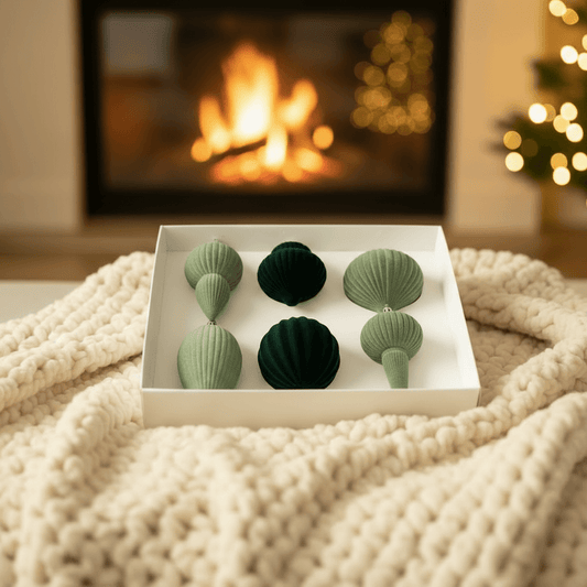ornamentos velvet verdes sobre manta diante da lareira