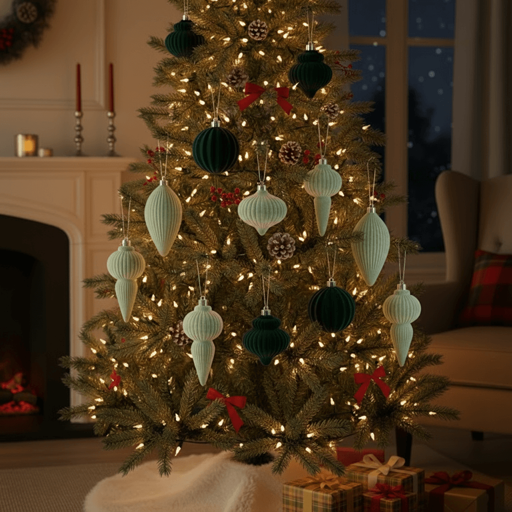 enfeites de Natal velvet verdes pendurados na árvore iluminada