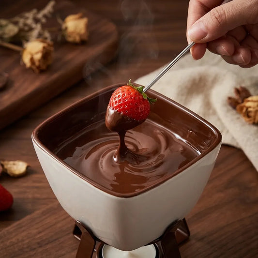 Close-up de morango sendo mergulhado em chocolate derretido na panela de fondue de cerâmica, estilo Modern Organic Casa Vértice.