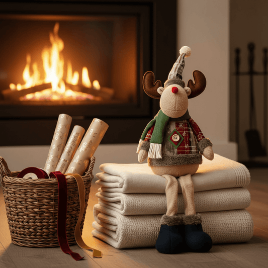boneco de natal rena sentado diante da lareira com mantas