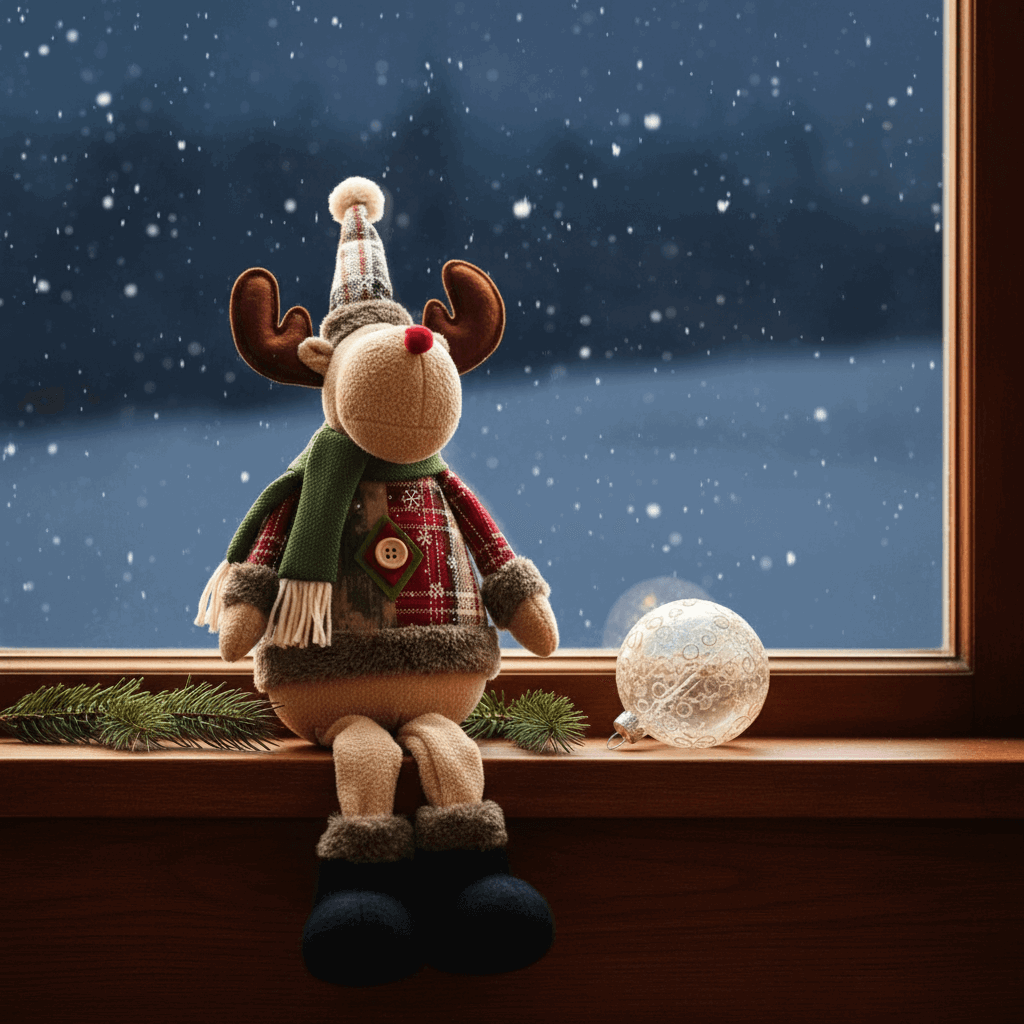 rena decorativa na janela com neve ao fundo