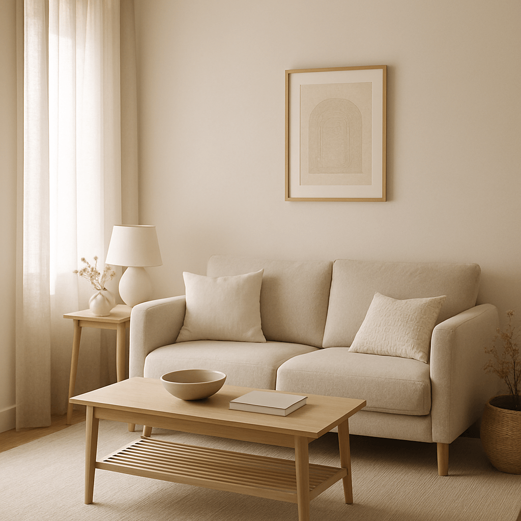 Sala de estar minimalista com tons neutros e móveis compactos, exemplo de decoração para casas pequenas com estilo Casa Vértice