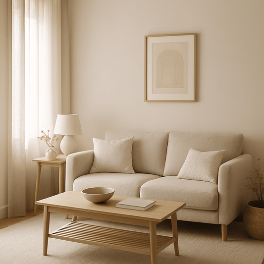 Sala de estar minimalista com tons neutros e móveis compactos, exemplo de decoração para casas pequenas com estilo Casa Vértice