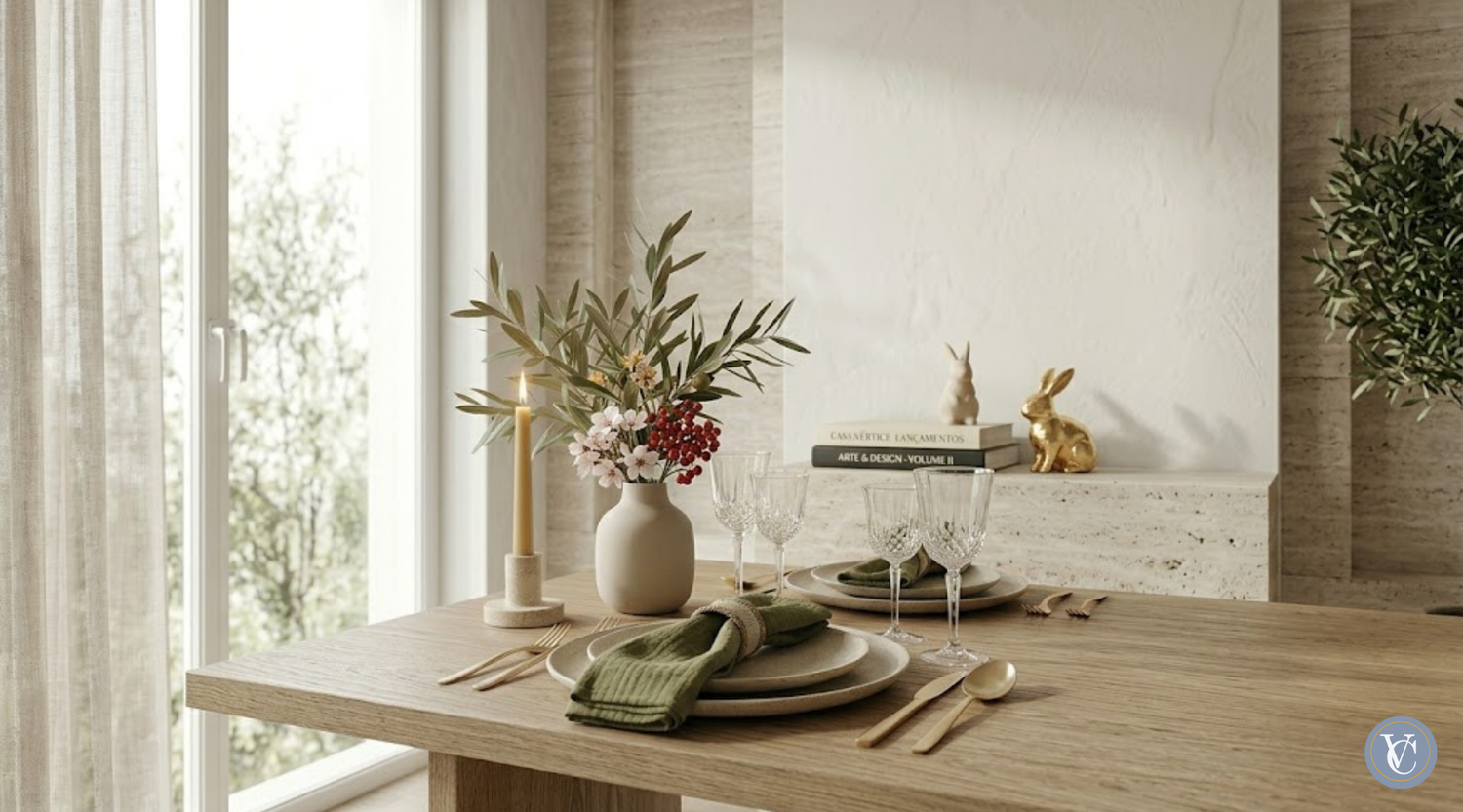 Banner da coleção de lançamentos Casa Vértice apresentando mesa posta sofisticada com novos itens de cerâmica artesanal, talheres dourados, livros de design e objetos decorativos em tons terrosos e iluminação natural.