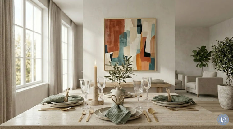 Banner de mesa posta sofisticada da Casa Vértice com pratos de cerâmica artesanal, guardanapos de gaze na cor sálvia, castiçal de mármore travertino e arranjo de oliveira em ambiente iluminado e clean
