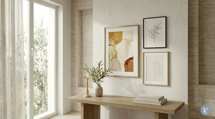 Composição de quadros decorativos da Casa Vértice em ambiente Natural Chic, com arte abstrata em tons de ocre e dourado, gravuras botânicas minimalistas, console de madeira e iluminação natural.