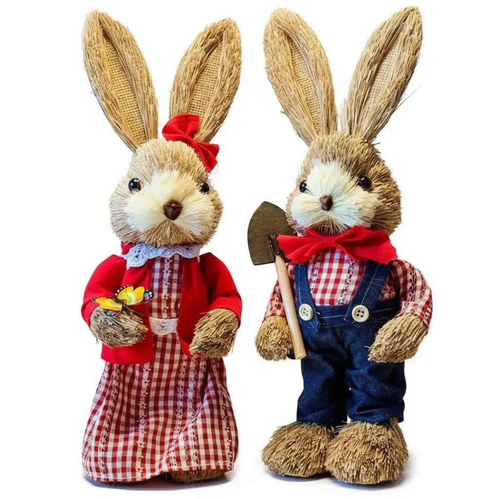 Vista frontal casal de coelhos da páscoa roupa xadrez vermelho e jeans 35cm.