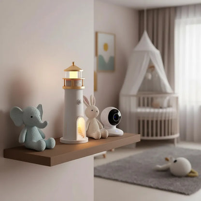 Abajur de mesa farol com luz noturna suave decorando prateleira de quarto de bebê.