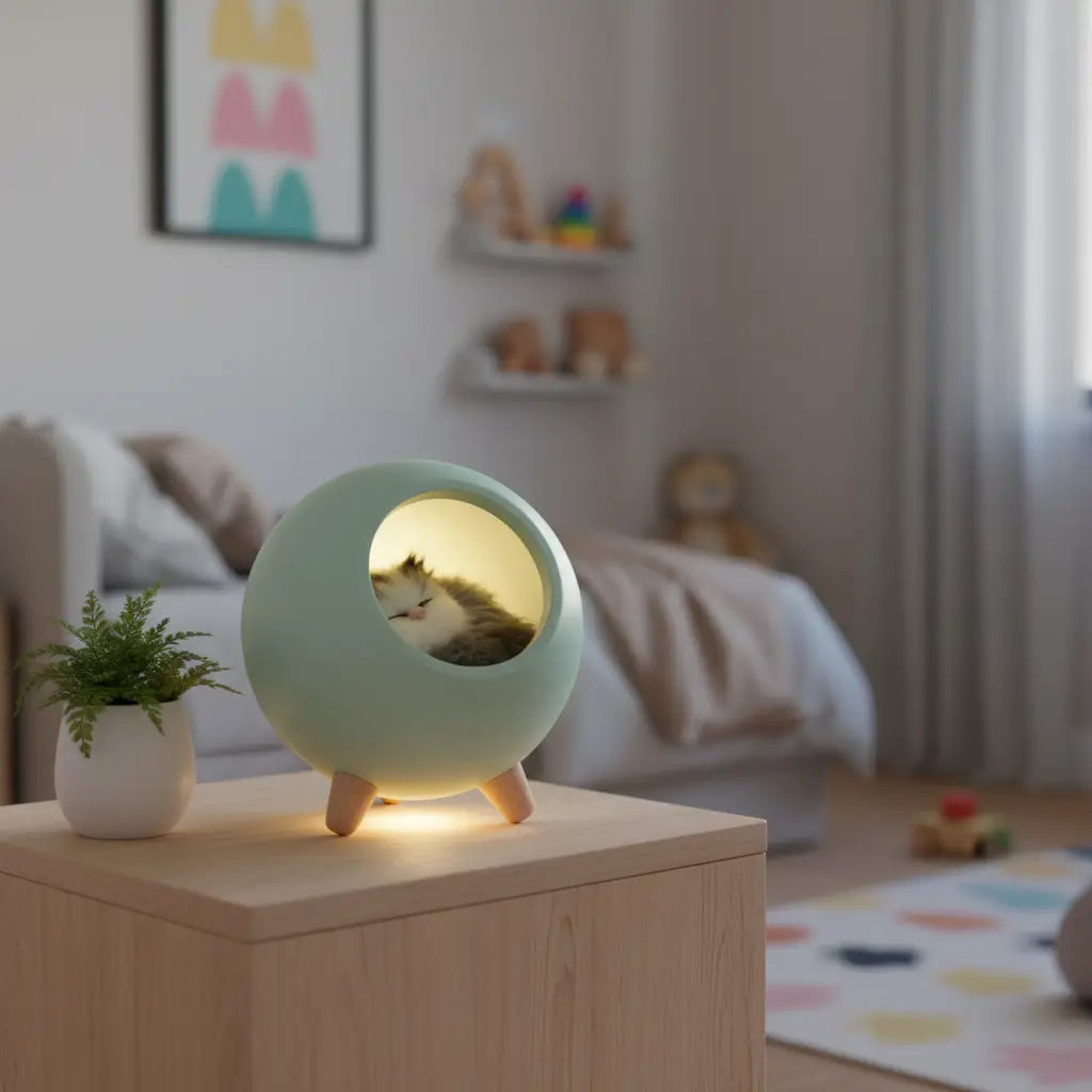 Luminária de mesa infantil verde pastel com design de gatinho para decoração moderna.
