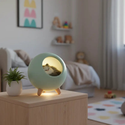 Luminária de mesa infantil verde pastel com design de gatinho para decoração moderna.