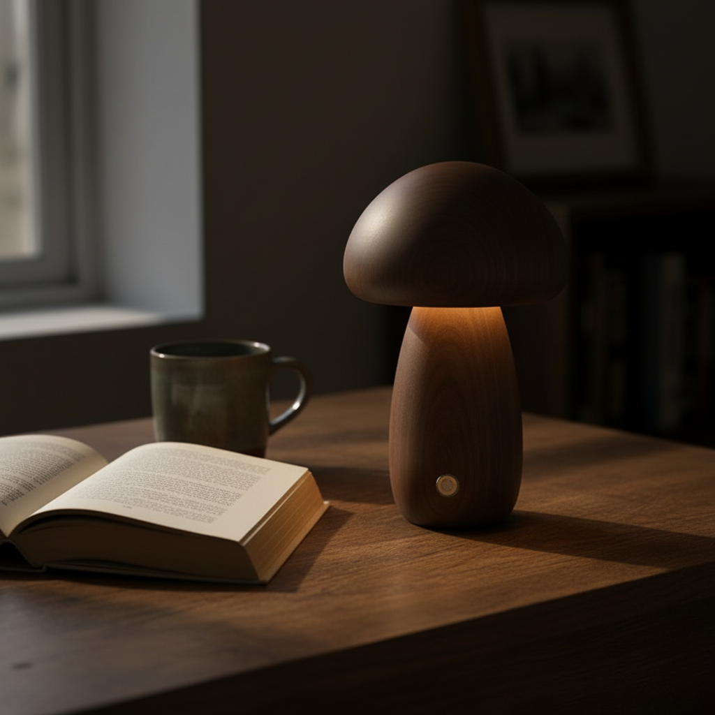 Abajur de madeira natural Mushroom Wood iluminando livro e xícara em momento de leitura.
