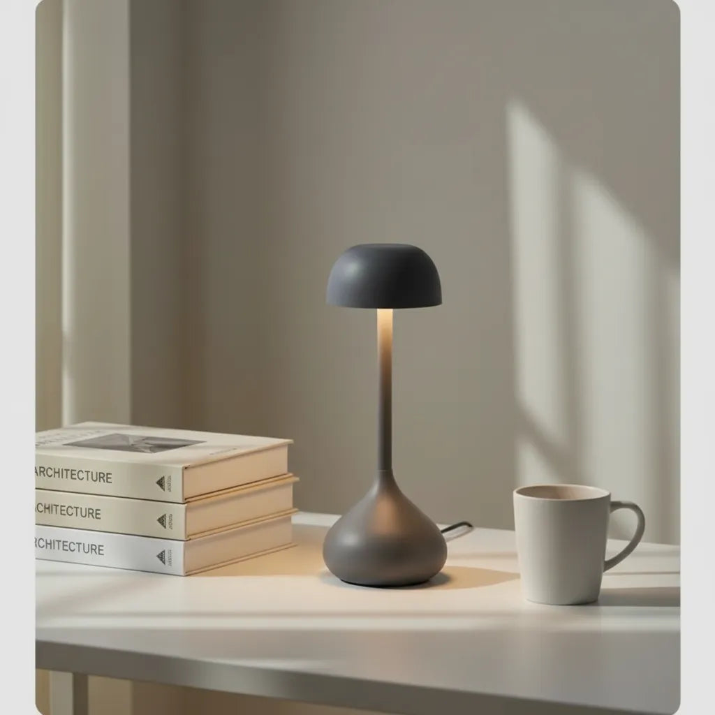 Luminária de mesa cinza chumbo Mushroom Touch em escritório moderno.