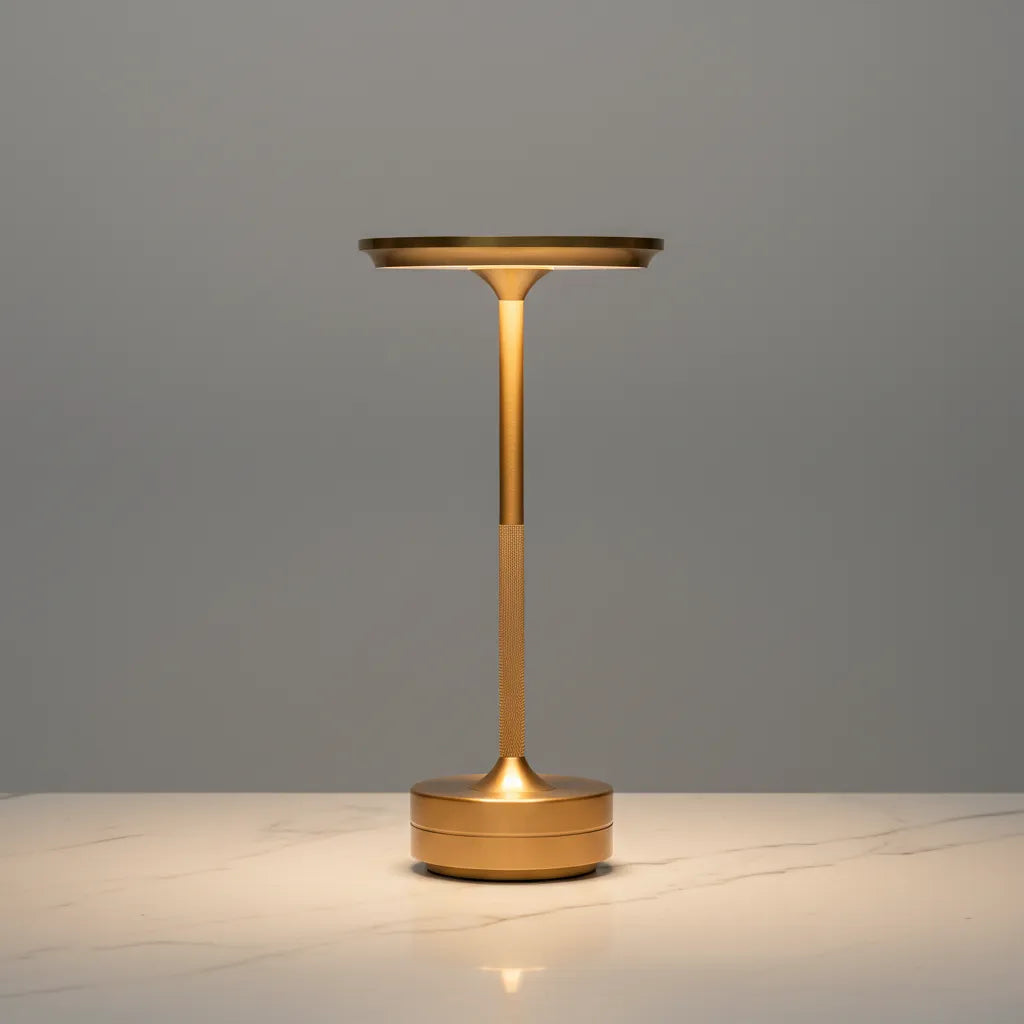 Luminária de mesa sem fio Halo Minimalist dourada em ambiente de mármore sofisticado.