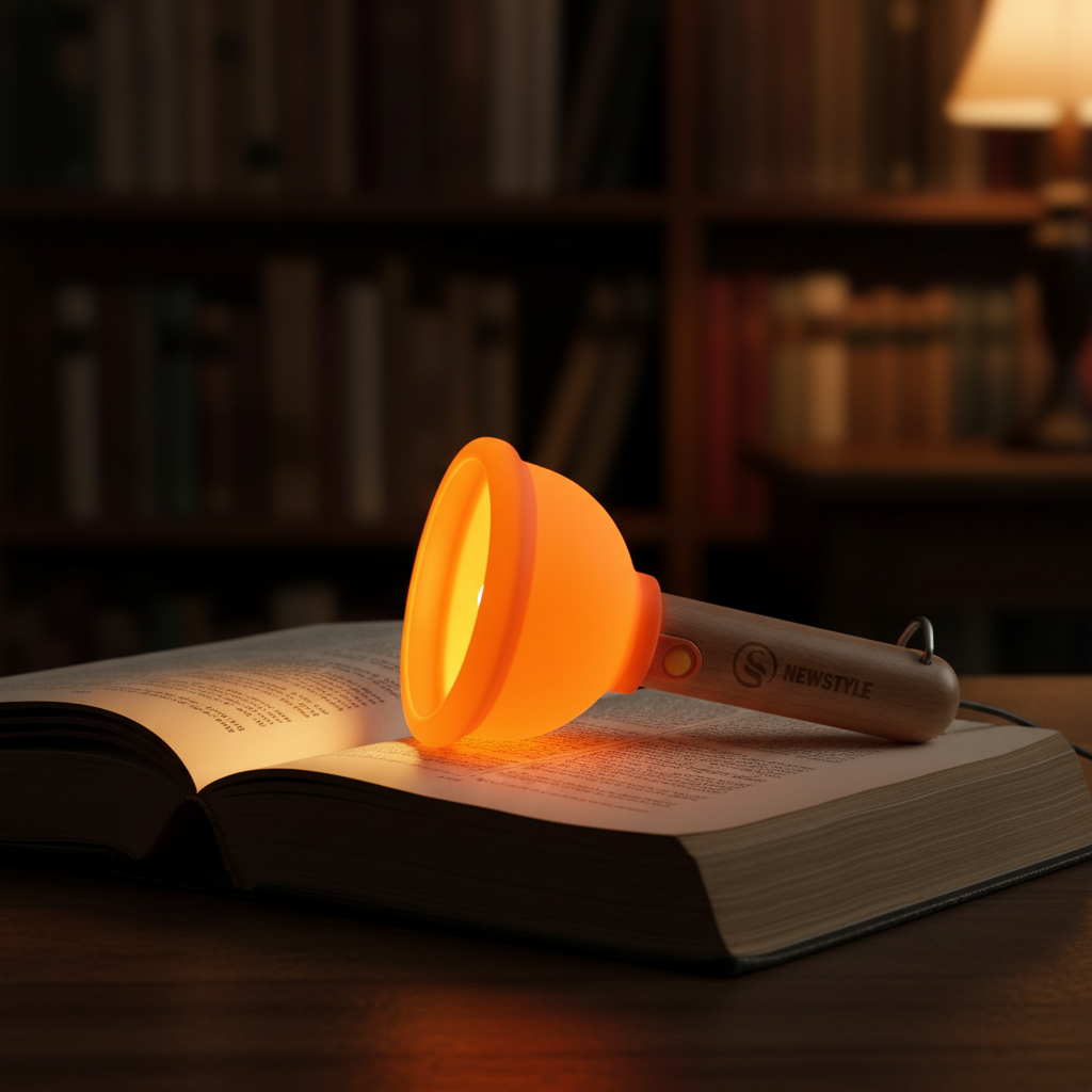 Luminária Plunger Fun deitada sobre livro aberto iluminando páginas com luz quente.