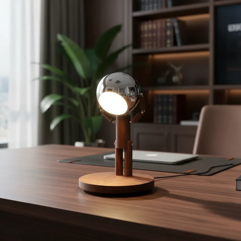Abajur de mesa formato robô de madeira em pé iluminando mesa de trabalho com notebook.