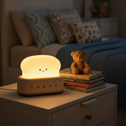Luminária Toast Joy na mesa de cabeceira infantil com livros e urso de pelúcia.